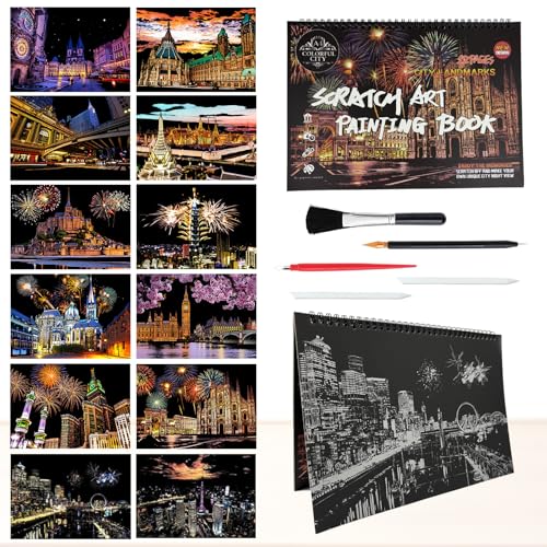 12 Pages Scratch Art Book Rainbow Scratch Art Adults City Series Scratch and Sketch Books for Arts and Crafts Party Favors (City Series A)