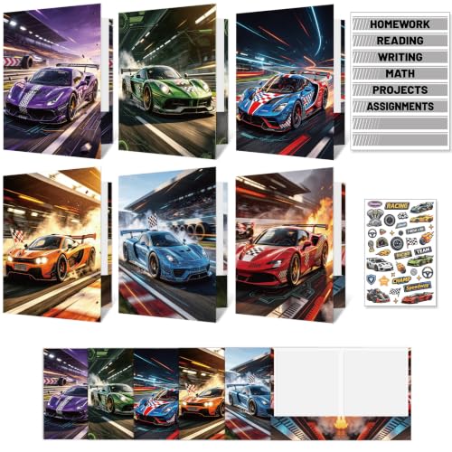 12Pcs 9”x12” Race Car Theme 2 Pocket Folders Set Racing Car File Folder with Stickers Homework Paper File Folders Back to School Supplies for Racing Classroom Office Home Teacher Student Supplies