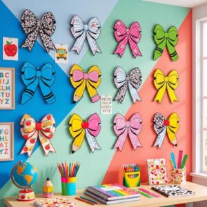 12 Pcs Back to School Bow Cutouts Classroom Decor Composition Book Bulletin Board Decoration Pencil Crayon Bow Paper Accents for First Day of School Chalkboard Door Wall Decor (13.78''X 12.05'')