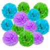12pcs Blue Green and Purple Paper Pom Poms Decorations for Birthday Party Decorations - 3 Colors of 12 Inch, 10 Inch