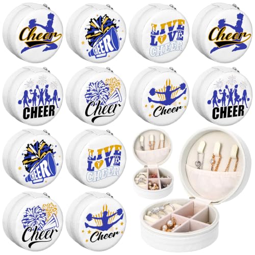12 Pcs Cheer Team Gifts for Cheerleader Cheer Jewelry Box Round Mini Travel Jewelry Box Organizer for Rings Earrings Necklaces Cheerleader Gifts Bulk for Team, Banquet, Competition & Birthday Party
