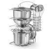 12Pcs Kids Pretend Play Kitchen Accessories Toy Stainless Steel Metal Pots and Pans Playset with Rack Mud Kitchen Accessories Toy Pots and Pans for Kids Toddler Age 3 Years Old