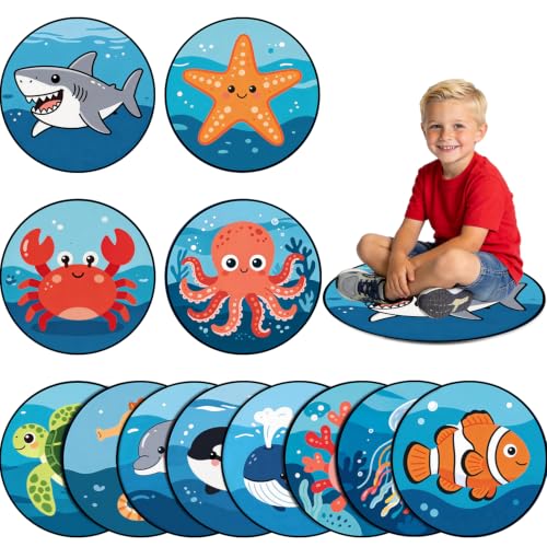 12pcs Marine Life Carpet Circle Seats for Classroom Decor 16 Inch Marine Life Rug Composition Notebook Classroom Rug Pastel Floor Mat Non Slip Floor Cushions for Preschool Kindergarten Daycare