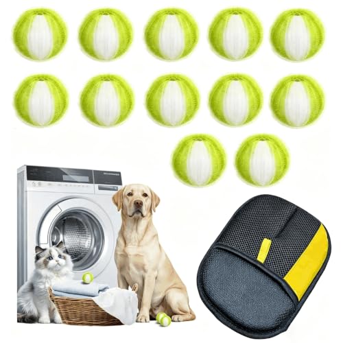 12Pcs Reusable Laundry Pet Hair Remover Balls with Pet Grooming Glove, Electrostatic Lint Catcher for Washing Machine, Efficient Dog Cat Fur Removal Tool for Clothes Bedding Sofa