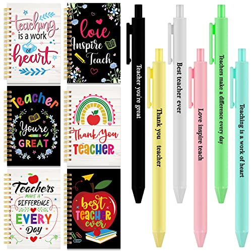12 Pcs Teacher Notebook and Pen Appreciation Gift Set Teachers Inspirational Motivational Notebook Ballpoint Pen Cute Spiral Journal with Quotes for Teacher School Office Gift Supplies(Teaching Style)