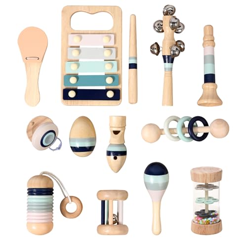 12 PCS Wooden Baby Musical Instruments Set, Montessori Style Sensory Percussion Toys for 0-3 Years, Neutral Boho Shakers & Rattles, Non-Toxic Natural Wood Early Learning Gift for Infant Boys Girls