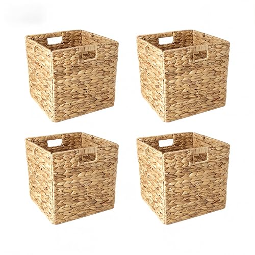12x12in Storage Baskets,Set of 4 Water Hyacinth Baskets,Wicker Cube Baskets Laundry Organizer,Foldable Handwoven Storage Cubes,for Cube Shelf,Collapsible Laundry Baskets Pantry,Living Room,Bedroom