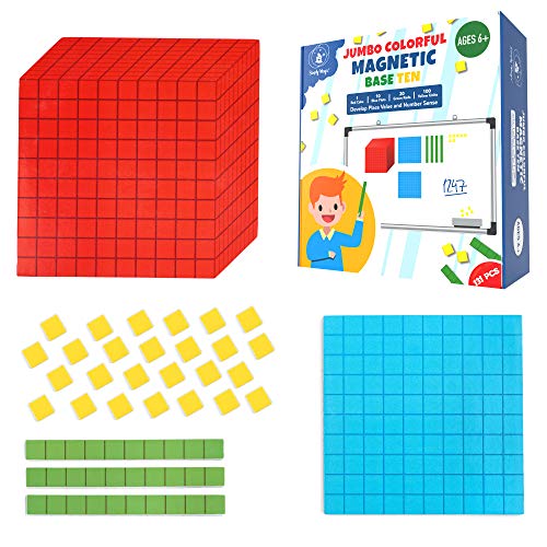 131 PCS Jumbo Magnetic Base Ten Blocks for Math - Place Value Blocks, Base 10 Math Manipulatives K-3, Number Blocks, Math Counters for Kids, Math Cubes, Counting Blocks, Kindergarten 1st 2nd 3rd Grade