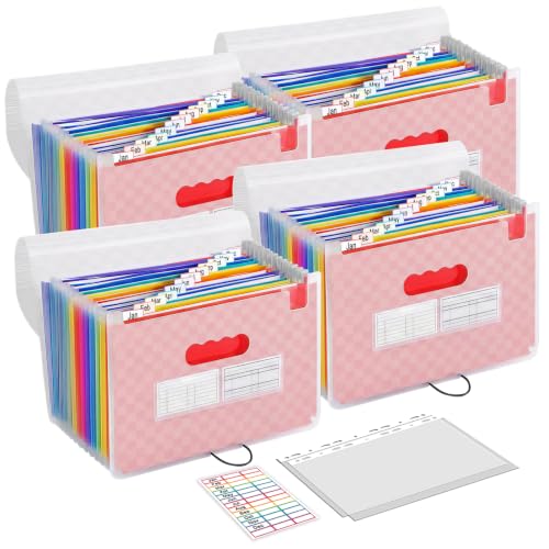 13 Pockets Accordion File Organizer, Expanding File Folder Portable Monthly Paper Bill Tax Receipt Organizer, Home Office Document Holder with Labels and Transparent Pages, A4/Letter Size White 4 Pack