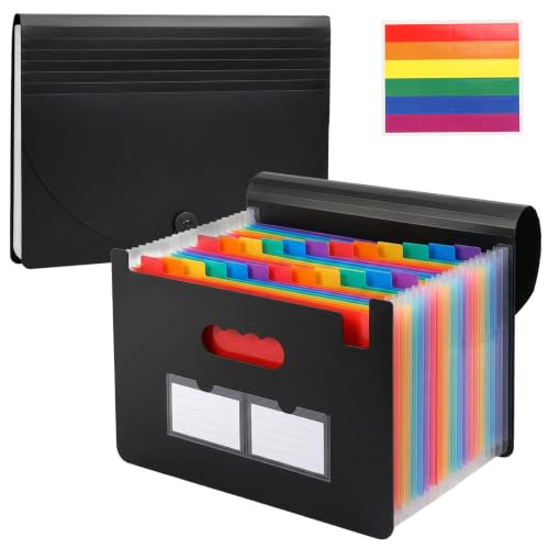 13 Pockets Accordion File Organizer, Portable Expanding File Folder with Cover Labels Black Desktop Document Holder Letter A4 Paper Bill Receipt Storage for Student Teacher Office Home School Supplies