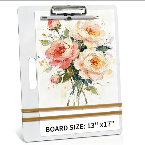 13"x17" Sketch Board with Dry-Erase Surface, Drawing Board with Metal Clip & Elastic Bands, Portable Art Board for Kids, Students, Painting, Sketching, Drawing Art Supplies(Ti White)