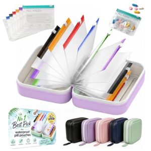 14 Day Travel Pill Kit Personal Medicine Organizer Case Set A8 Waterproof Pill Pouch for Travel Small Portable Storage Binder Style with Bags Cute Medication Purse Zipper Pocket (Purple-7 Pouches)