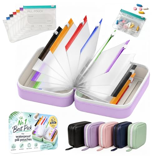 14 Day Travel Pill Kit Personal Medicine Organizer Case Set A8 Waterproof Pill Pouch for Travel Small Portable Storage Binder Style with Bags Cute Medication Purse Zipper Pocket (Purple-7 Pouches)