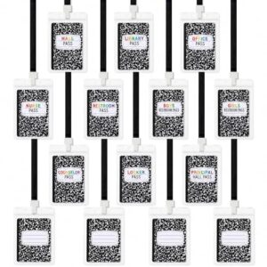 14 Sets Composition Notebook Hall Passes for School with Waterproof PVC Holders and Lanyards Classroom Pass Set Including Bathroom Nurse Office Library Passes 4 Writable Customizable Cards for Teacher