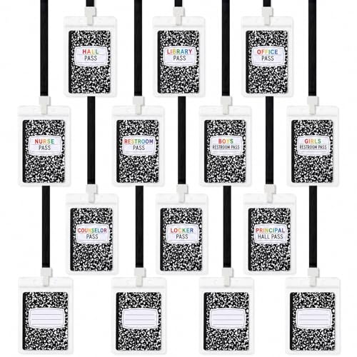 14 Sets Composition Notebook Hall Passes for School with Waterproof PVC Holders and Lanyards Classroom Pass Set Including Bathroom Nurse Office Library Passes 4 Writable Customizable Cards for Teacher