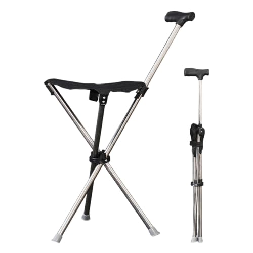 150KG Heavy-Duty Tripod Folding Seat Cane, Telescopic Height Adjustable Anti-Slip Anti-Tip Walking Stick Chair, Portable Mobility Aid for Elderly Disabled Users Outdoor Travel Stadium Long-Standing Re