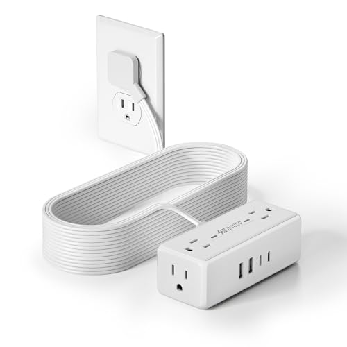 15 Ft Flat Plug Extension Cord with Multiple Outlets, SUPERDANNY Surge Protector Power Bar with 4 Outlets & 4 USB Ports (2 USB C), Small Outlet Extender for Home, Office Supplies, Dorm, Travel, White