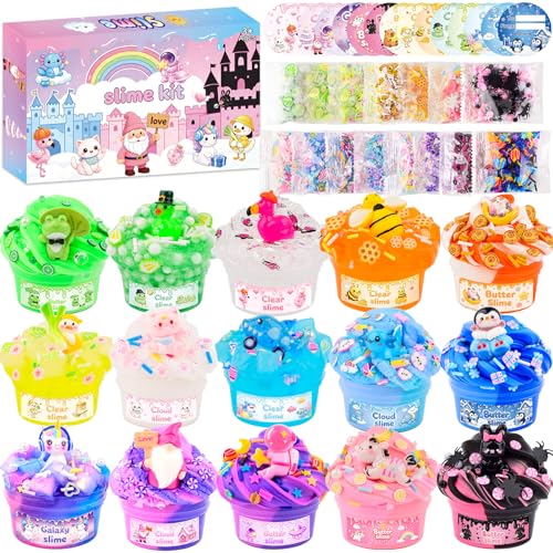 15 Pack Slime Kit for Kids, Butter Clear Cloud & Galaxy Slime, 45ML Slime with Charms Mix-Ins Gift Bags & Cards, Soft Stretchy DIY Slime Party Favors, Birthday Gifts for Girls Boys Ages 3+