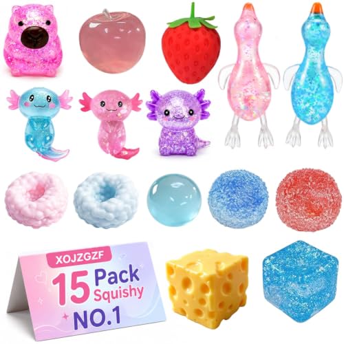 15 Pack Squishy Fun Box Cheese Toys Set Crunchy Sugar Filled Swaps Squeezy Packs Variety Duck Slow Rise Squishies Texture Bundle Slush Stress Ball Slushy Wax Cracking Slushie Ice Cube Glitter