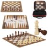 15" Portable Tournament Chess Set, Checkers & Backgammon Set, 3-in-1 Travel Board Games for Kids Adults, Folding Roll-up Chess Game Sets with Wooden Pieces for Professional & Beginner, 2 Extra Queens