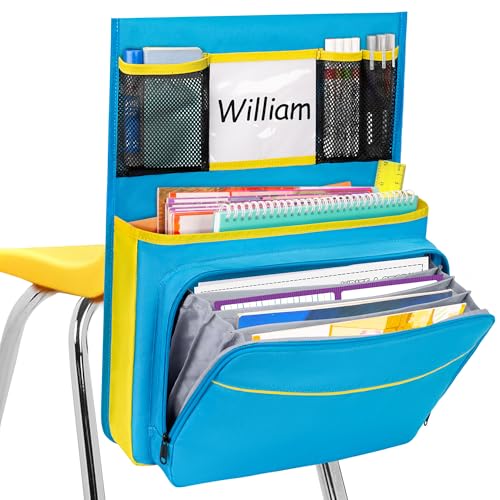 15” x 20” Chair Pocket for Classroom, 1 Piece Seat Sack, Chairback Buddy Organizer Pocket for School, Kindergarten with Name Tag, Mesh Pockets, Binder Pages Storage (Blue)
