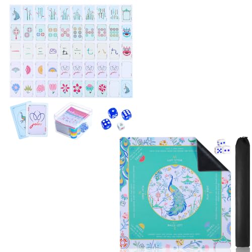 160 Pcs Mahjong Playing Cards Set (Blue) – American & Chinese Style, Includes Storage Box, Dice, Chips, Wind Indicator & Manual with American Mahjong Mat(31.5"x31.5") with Carrying Bag & 3 Dice