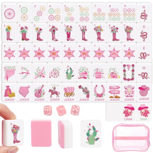 166 American Mahjong Tile Set, 1.2" Mini Travel Size Western Cowgirl Mahjong Tiles, 3D Pink Engraved Melamine Mah jong Tiles & PVC Storage Bag & Dice for Adults Family Game Night Mah Jongg Lover Gifts