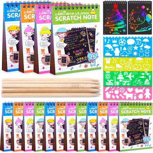 16 Pack Drawing Notebook Set, Scratch Art Paper Rainbow Mini Notes, Sketch Drawing Pad for Kids Party Favors(with 16 Wooden Stylus & 4 Drawing Stencils)