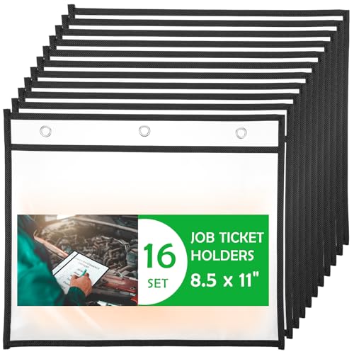 16 Pack Horizontal Job Ticket Holders 8.5x11 - Heavy Duty Plastic Sleeves for Paper 8.5x11 - Clear Paper Sleeves Protector with Grommets - Reusable Dry Erase Pocket - Shop Work Order Folder