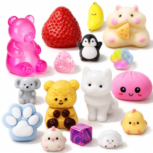 16 Pack Taba Squishy Toys, Kawaii Mini Squishies Set with Individual Bags, Soft Jelly Squeeze Fidget Toys for Kids, Cute Animal Fruit Sensory Toys, Party Favors Goodie Bag Stuffers Gifts
