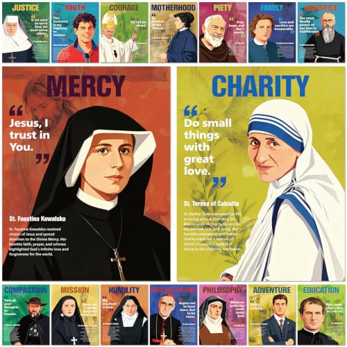 16Pcs Catholic Saint Posters Bible Virtues Quotes from Saints Classroom Decorations Inspirational Christian Poster Catholic Saints Wall Art for Sunday School Church Supplies Faith Bulletin Board Decor
