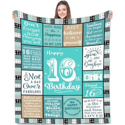 16th Birthday Gifts for Girls Boys 60"x59",Personalised 16 Years Old Birthday Blanket Gift for Her Him, Happy Girl Boy 16 Bday Decorations Throw Presents for Daughter Granddaughter Sister Friend