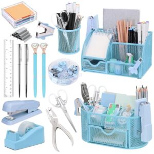 17 in 1 Blue Desk Organizers and Accessories Set, 3 Office Desk Supplies Storage Organization, 4 Pens, Stapler, Staples & Remover, Tape & Dispenser, Scissors, Ruler, Clips, Hole Punch, Back to School