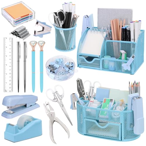 17 in 1 Blue Desk Organizers and Accessories Set, 3 Office Desk Supplies Storage Organization, 4 Pens, Stapler, Staples & Remover, Tape & Dispenser, Scissors, Ruler, Clips, Hole Punch, Back to School