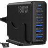 180W USB C Charging Station, 6-Port GaN Fast Charger Block with 3 USB-C 45W & 3 USB-A 15W, Multiport Desktop Charger for MacBook, iPhone 17/16/15, iPad, Galaxy, Switch, Travel, Home Office, Black