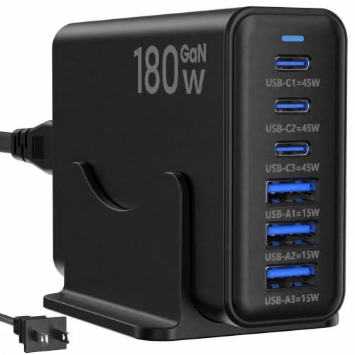 180W USB C Charging Station, 6-Port GaN Fast Charger Block with 3 USB-C 45W & 3 USB-A 15W, Multiport Desktop Charger for MacBook, iPhone 17/16/15, iPad, Galaxy, Switch, Travel, Home Office, Black