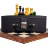 1849 Jacques Cook Staunton Collectors Chess Set Combo – 3.75" Ebony & Antiqued Boxwood Chess Pieces, 21" Ebony & Maple Chess Board, Leatherette Coffer Storage Box