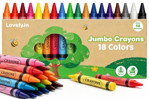 18 Colors Jumbo Crayons for Toddlers 1-3 2-4, Non-Toxic Washable Easy to Grip, School Art Supplies for Kids Ages 4-8, Classroom Must Haves, Ideal Coloring Set Birthday Easter Gifts for Boys Girls