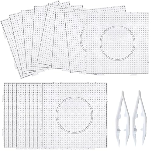 18 Pcs Meltable Beads Pegboards, Large Clear Plastic Melty Beads Templates with 2 Tweezers, Interlocking Design for 0.2 in Beads, DIY Craft Board Set for Art Projects, 841 Beads Capacity