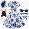 1950s Dresses for Women Polka Dot Tea Party Dress Set(BlueRose-M)