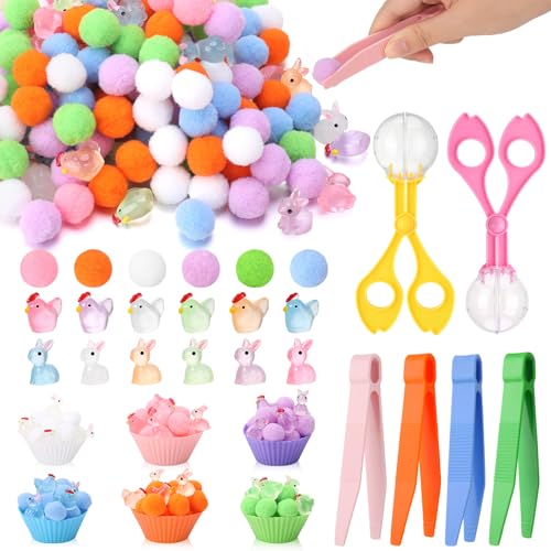 198 Pcs Sensory Bin Filler Fine Motor Toys Include 120 Pom Poms 60 Resin Rabbit Chicken 4 Tweezers 2 Scissors Clips 12 Sorting Cups for Sorting Counting