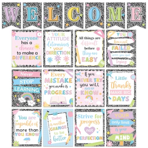 19Pcs Composition Notebook Welcome Back to School Posters Inspirational Classroom Bulletin Board Set Motivational Positive Quote Wall Decor for Elementary Middle High School Door Chalkboard Decor
