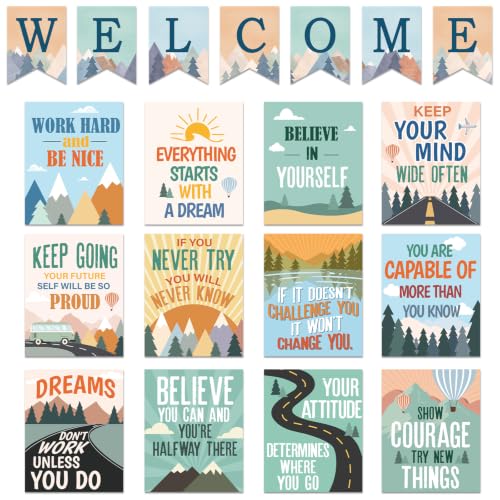 19 PCS Moving Mountains Welcome Posters Set Mountain Themed Classroom Inspirational Educational Poster Moving Mountain Road Trip Positive Quote Sayings Wall Art for Middle High School Office Decor