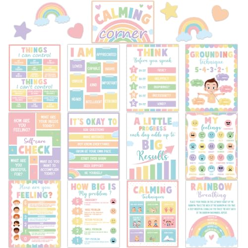 19 PCS Pastel Calming Corner Classroom Posters Calm Down Corner Emotion Posters Feeling Management Educational Mental Health Poster Back to School Wall Art Decor for School Office Teacher Supplies