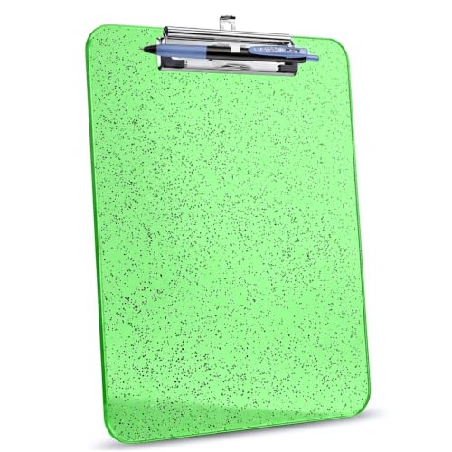 1 Pack Green Glitter Clipboard with Pen Holder,Clear Plastic Clip Boards 8.5x11 Heavy Duty,A4/Letter Size,Cute Sparkly Hanging Clipboards for Women Teachers Classroom Office Home Work
