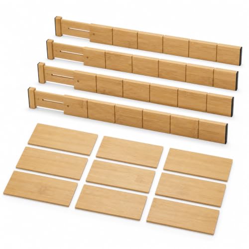 1Pc Bamboo Drawer Organizer, 17-25" Expandable Kitchen Drawer Organizer with 4 Dividers, 9 Inserts, Desk Drawer Organizer for Kitchen Organization, Office Organization and Kitchen Cabinet Organizer