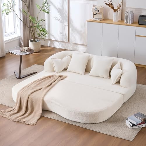 2-in-1 Convertible Curved Sofa Bed, Black Teddy Fleece Fold Out Floor Couch, 30D High Resilience Foam Modular Sleeper Sofa, No Assembly Floor Sofa for Living Room Bedroom Apartment Hotel Office