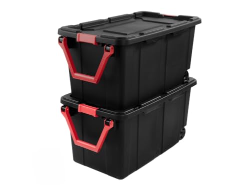 2-Pack 40 Gal Heavy Duty Rolling Storage Bins with Wheels & Lids, Industrial Totes with Rotating Pull Handle & Side Grips – Opaque Stackable Organizer for Garage, Basement, Shed, Moving