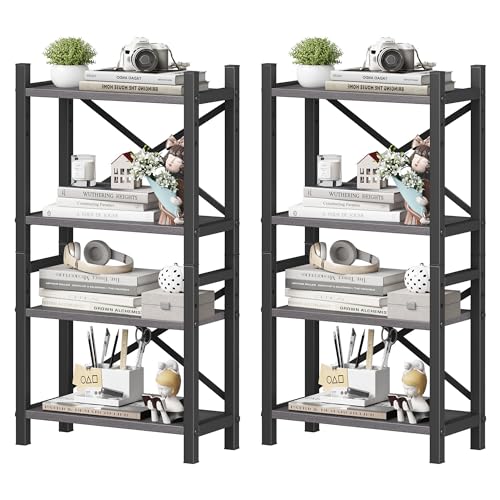 2-Pack Desktop Bookshelf, 4-Tier Stackable Narrow Bookcase, Adjustable Industrial Desk Organizer & Hutch - Rustic Brown Wood Desktop Book Organizer for Living Room, Bedroom & Home Office