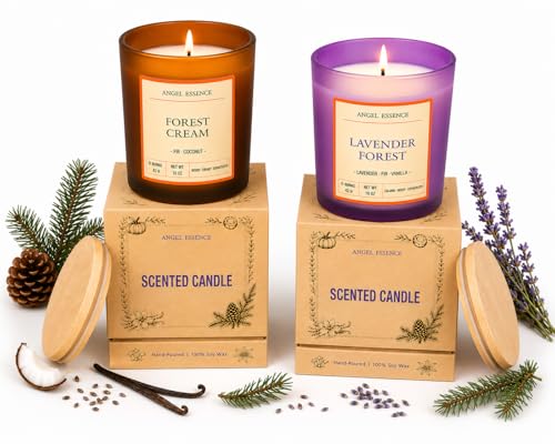 2-Pack Scented Soy Candles 10 oz – Fir & Coconut + Lavender, Fir & Vanilla (Forest Cream + Lavender Forest) – Hand-Poured – Woody Floral Aromatherapy – 42Hr Burn – Gift for Women